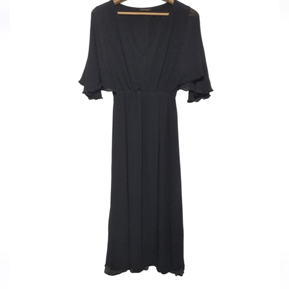 Massimo Dutti Elegant Black Midi Dress Size 4 Gothic Flutter Sleeve NWOT - Picture 4 of 13